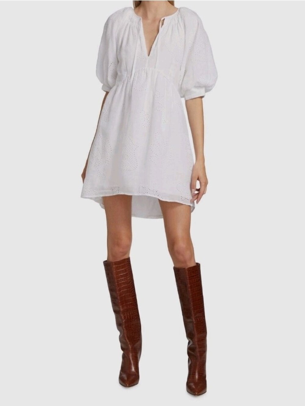 Frame Puff Sleeve Eyelet Mini Dress White